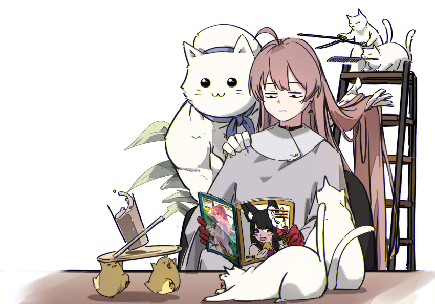 1girl ahoge alternate_costume animal animal_ears azur_lane black_hair book brown_hair cat chair cup earrings gloves hatski.sin highres holding jean_bart_(azur_lane) jewelry long_hair manga_(object) manjuu_(azur_lane) mask red_gloves simple_background very_long_hair white_background white_cat
