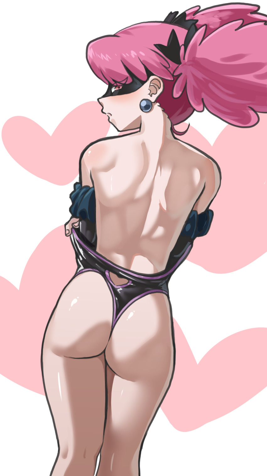 1girl arm_scrunchie ass back bare_shoulders black_leotard black_mask black_ribbon blush boku_no_hero_academia commentary earrings english_commentary eye_mask fingernails from_behind hair_ribbon haneyama_kazuho heart highres jewelry kneepits leotard looking_back median_furrow nico-mo open_mouth pink_eyes pink_hair ribbon shoulder_blades solo thighs twintails undressing vigilante_-boku_no_hero_academia:_illegals- white_background