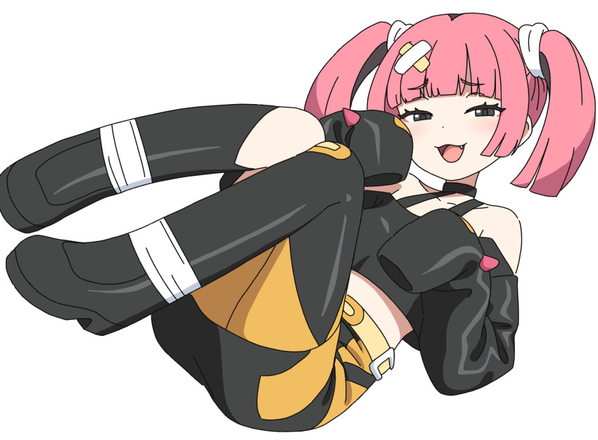 1girl :d belt black_eyes black_shirt collarbone commentary_request coral_(pokemon) eyelashes fang hair_ornament hands_up head_tilt highres kutsusama long_sleeves nintendo off-shoulder_shirt off_shoulder open_mouth pink_hair pokemon pokemon_(anime) pokemon_horizons shirt simple_background skirt sleeves_past_fingers sleeves_past_wrists smile solo tongue twintails white_background yellow_belt