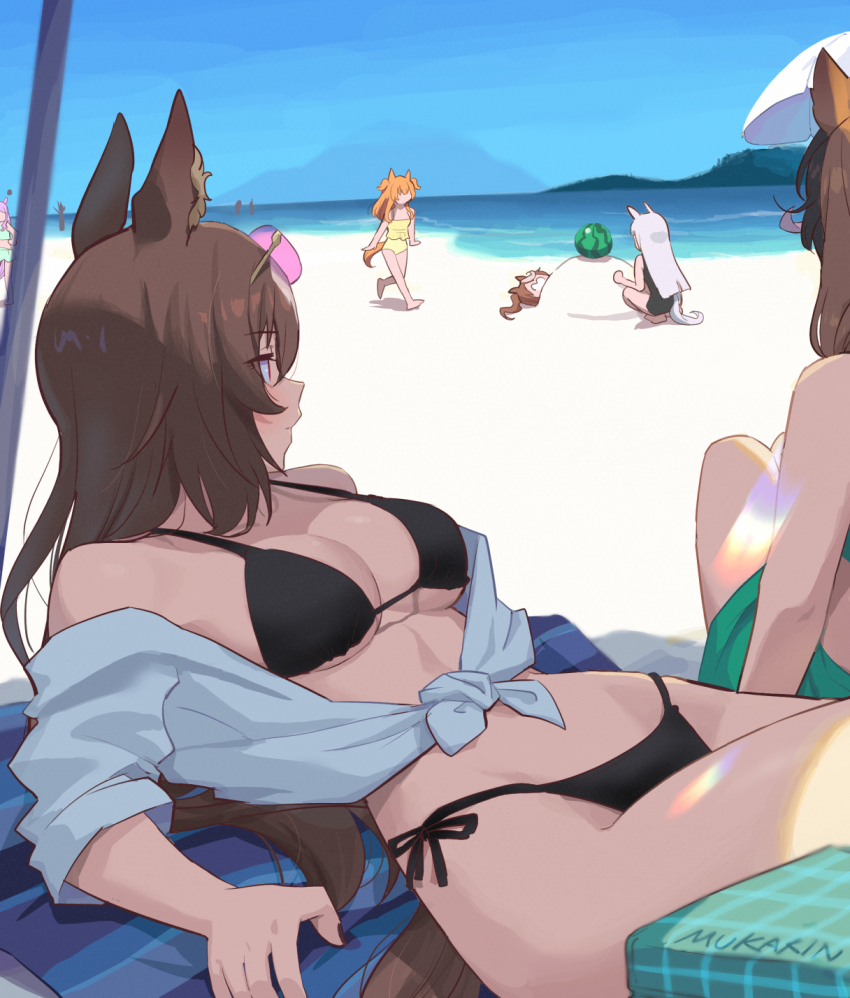 6+girls animal_ears artist_name bare_shoulders barefoot beach beach_towel beach_umbrella bikini black_bikini black_one-piece_swimsuit blue_sky breasts brown_hair buried commentary_request ear_ornament eyewear_on_head food fruit full_body gold_ship_(run_revolt_launcher)_(umamusume) gold_ship_(umamusume) green_bikini grey_hair hair_between_eyes highres horse_ears horse_girl horse_tail large_breasts long_hair lying mayano_top_gun_(umamusume) mejiro_mcqueen_(ripple_fairlady)_(umamusume) mejiro_mcqueen_(umamusume) mukakin multicolored_hair multiple_girls navel ocean on_back one-piece_swimsuit open_mouth orange_hair outdoors pink-tinted_eyewear purple_hair red_eyes sand shirt side-tie_bikini_bottom sirius_symboli_(umamusume) sky stomach streaked_hair sunglasses swimsuit symboli_rudolf_(umamusume) tail tied_shirt tinted_eyewear tokai_teio_(umamusume) towel two_side_up umamusume umbrella very_long_hair water watermelon white_hair white_shirt