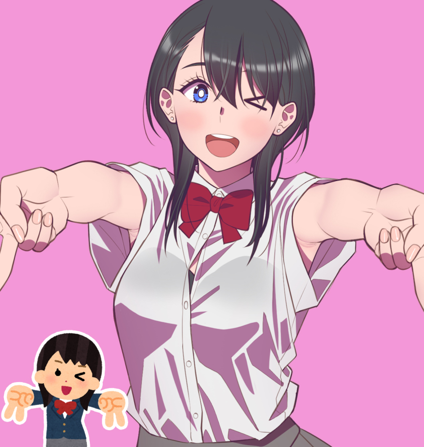 &gt;_o 1girl ;d andrian_januar_adilia armpit_crease black_bra black_hair blue_eyes blush bow bowtie bra bra_visible_through_clothes breasts collared_shirt commentary double_gyaru_v english_commentary grey_skirt gyaru_v hair_between_eyes highres irasutoya irasutoya_challenge looking_at_viewer medium_hair one_eye_closed open_mouth outstretched_arm pink_background red_bow red_bowtie school_uniform shirt short_sleeves simple_background skirt smile swept_bangs teeth underwear upper_teeth_only v white_shirt