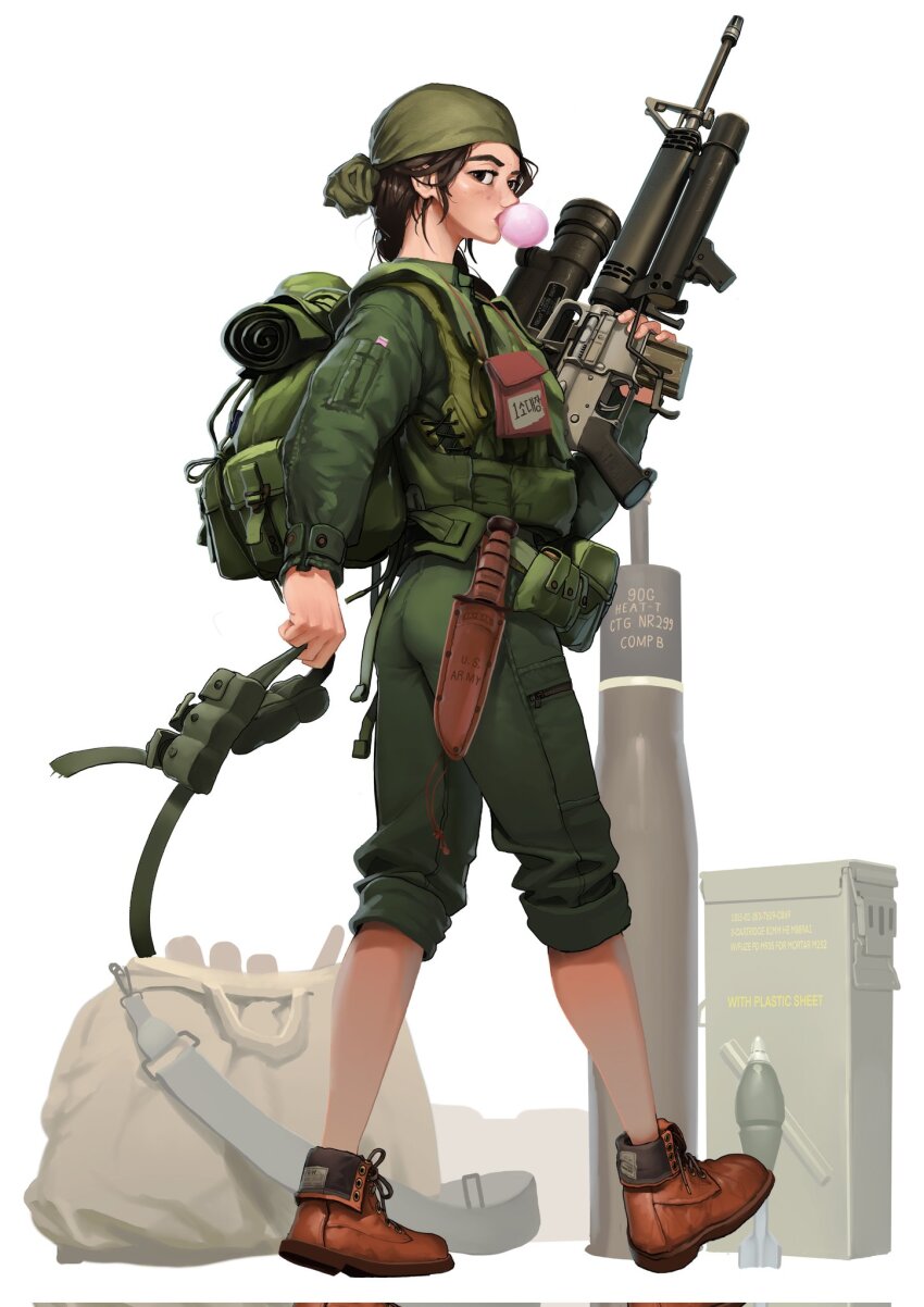 1girl ammunition ammunition_box assault_rifle backpack bag bandana blowing_bubbles bomb boots brown_boots brown_eyes brown_hair chewing_gum explosive green_bandana green_jacket green_pants grenade_launcher gun high-explosive_anti-tank_(warhead) highres holding holding_gun holding_weapon jacket ka-bar_knife korean_text load_bearing_vest looking_at_viewer m16 m16a1 medium_hair military mortar_shell night-vision_device original pants pants_rolled_up rifle rifleman1130 shaped_charge sheath shell_(projectile) soldier solo tank_shell underbarrel_grenade_launcher weapon white_background xm148