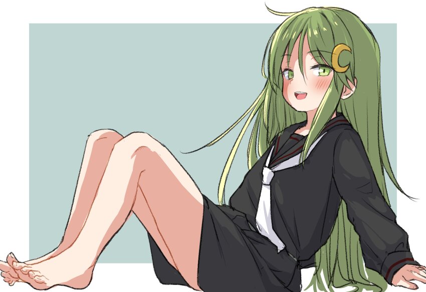 1girl absurdres barefoot black_sailor_collar black_serafuku black_skirt blush commentary_request crescent crescent_hair_ornament green_eyes green_hair hair_between_eyes hair_ornament highres kantai_collection long_hair long_sleeves looking_at_viewer nagatsuki_(kancolle) neckerchief one-hour_drawing_challenge open_mouth pok_(pok_0002) sailor_collar school_uniform serafuku simple_background sitting skirt solo very_long_hair white_neckerchief yellow_neckerchief