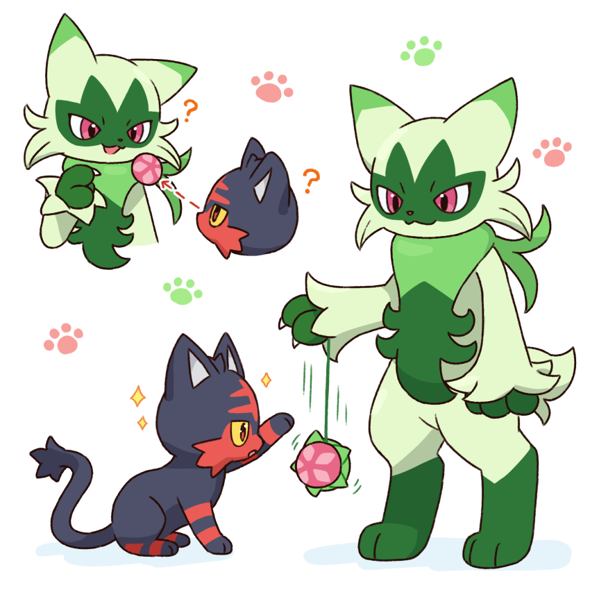 1other claws colored_sclera floragato full_body furry gen_7_pokemon highres litten neko_gyoza nintendo paw_print pink_eyes pokemon pokemon_(creature) red_eyes scarf smile standing tail yellow_sclera yo-yo