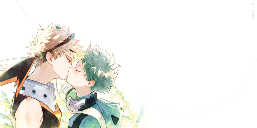 2boys bakugou_katsuki bare_shoulders bngs bodysuit boku_no_hero_academia eye_mask facing_another form_side freckles from_side green_bodysuit green_hair grey_background hair_ornament highres hood hood_down kiss looking_at_another mask_up midoriya_izuku multiple_boys unou_(unou_mha) yaoi