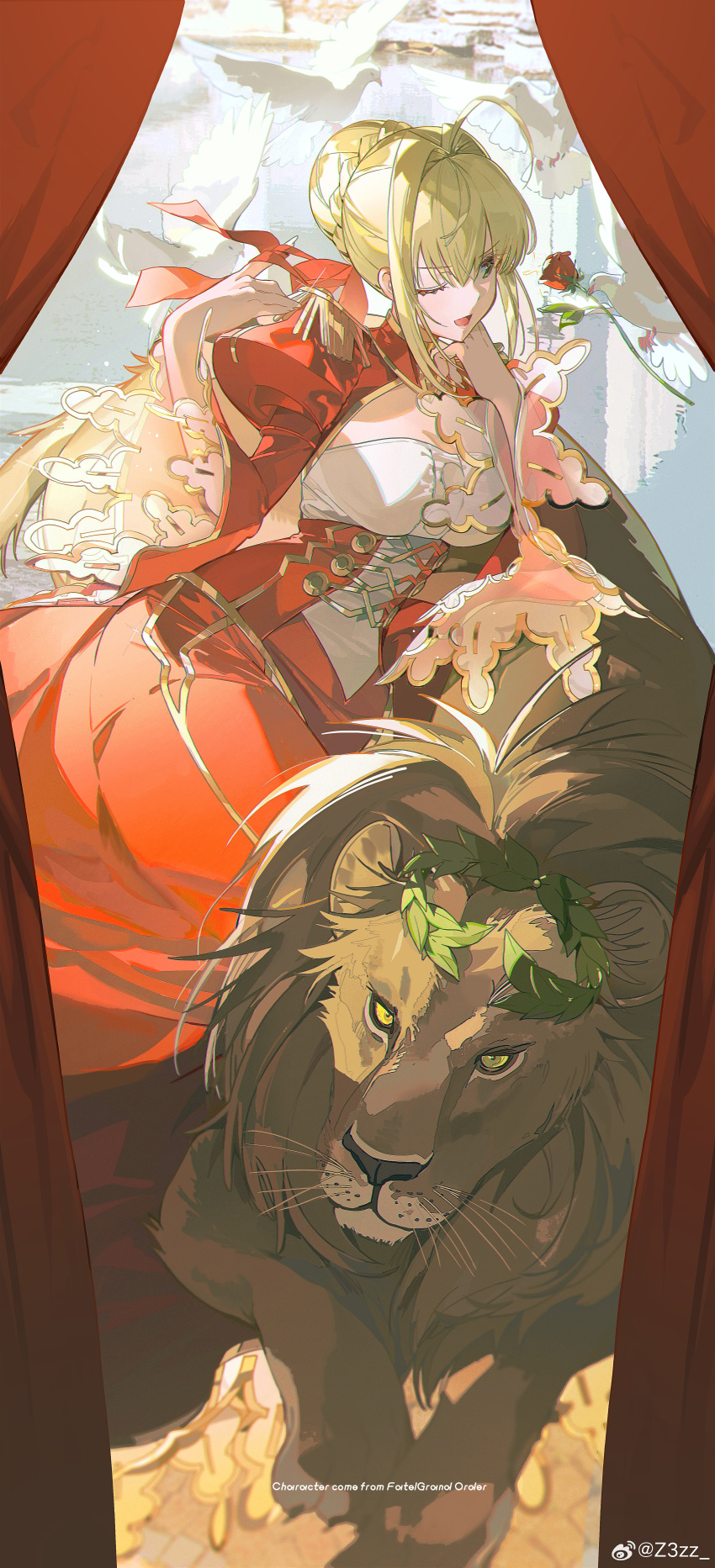 1girl absurdres ahoge animal animal_hands artist_name bird blonde_hair commentary_request crown dress english_text epaulettes fate/extra fate_(series) gold_crown gold_trim green_eyes hair_bun hair_intakes hand_up highres juliet_sleeves leaning_on_animal lion long_sleeves looking_at_animal looking_at_viewer looking_to_the_side lying nero_claudius_(fate) nero_claudius_(fate/extra) on_side one_eye_closed open_mouth pigeon puffy_sleeves red_dress single_hair_bun smile watermark weibo_watermark whiskers white_bird yellow_eyes z3zz4