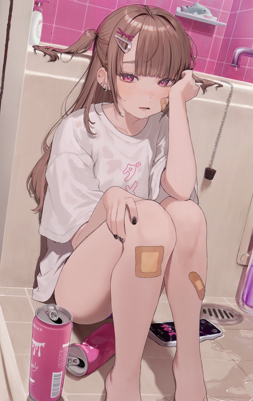 1girl absurdres bandaid bandaid_on_face bandaid_on_leg barefoot bathroom black_nails blush brown_hair can cellphone commentary_request drain_(object) ear_piercing earclip earrings elbow_on_knee faucet hair_ornament hairclip hamunezuko_(nezukonezu32) highres indoors jewelry legs_up long_hair looking_at_viewer nail_polish open_mouth original parted_lips phone piercing pink_eyes shirt short_sleeves sidelocks sitting smartphone solo t-shirt tiles two_side_up wet white_shirt x_hair_ornament