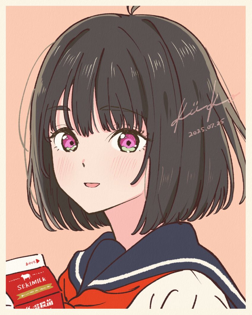 1girl ahoge black_hair blue_sailor_collar commentary_request dated focusneko from_side highres looking_at_viewer milk_carton neckerchief orange_background osanai_yuki parted_lips pink_eyes portrait red_neckerchief sailor_collar school_uniform serafuku shirt short_hair shoushimin_series signature white_shirt