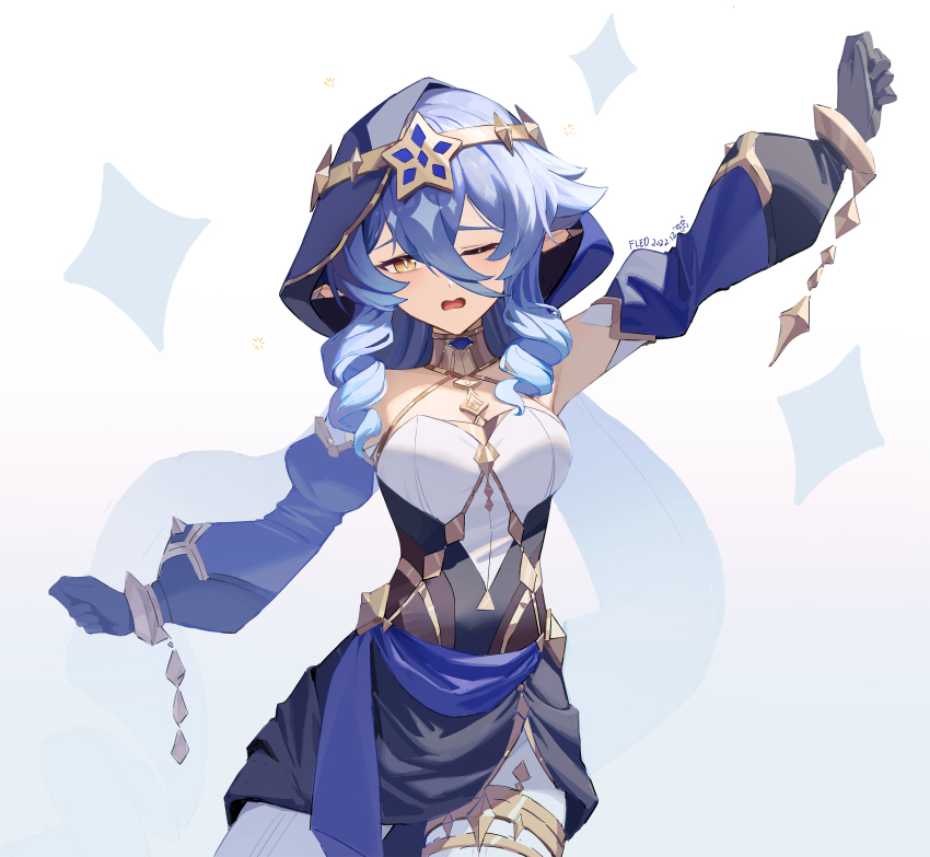 1girl absurdres armpits bare_shoulders black_dress black_gloves blue_hair blue_sleeves breasts dated detached_sleeves dress drill_hair eyebrows_hidden_by_hair fled genshin_impact gloves gradient_background grey_background hair_between_eyes highres hood hood_up layla_(genshin_impact) long_hair long_sleeves looking_at_viewer medium_breasts one_eye_closed open_mouth outstretched_arms pointy_ears puffy_long_sleeves puffy_sleeves signature solo twin_drills wavy_mouth white_background