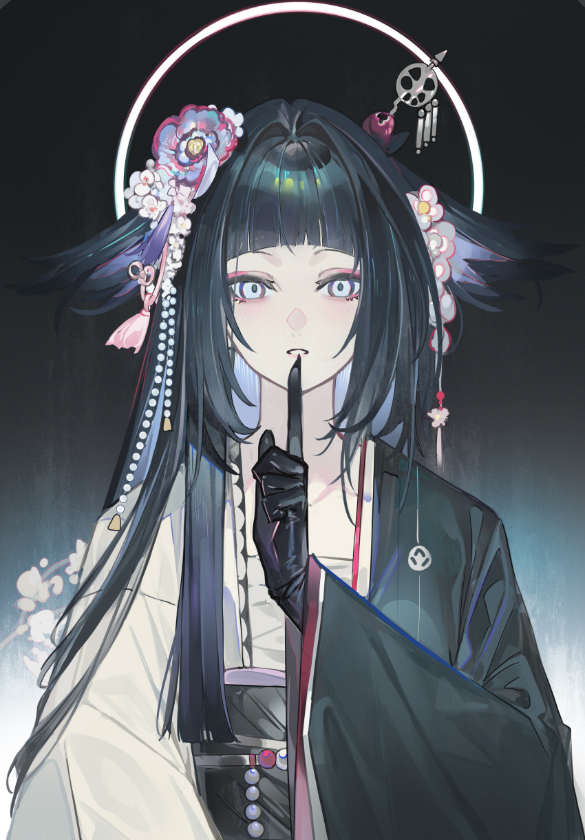 1girl absurdres arched_bangs arknights black_gloves black_hair commentary_request echj finger_to_mouth flower gloves gradient_background hair_flower hair_intakes hair_ornament hair_wings halo halo_behind_head highres index_finger_raised long_hair looking_at_viewer mio_(arknights) parted_lips simple_background solo straight-on two-tone_kimono upper_body wide_sleeves