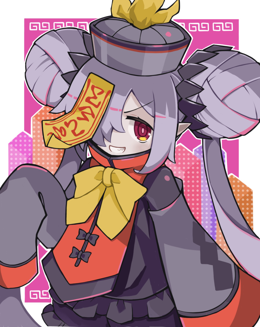 1girl bow chinese_clothes colored_skin death_princess_(disgaea) disgaea double_bun grey_skin hair_bun highres jiangshi jiangshi_costume long_hair makai_senki_disgaea_7 suaman twintails yellow_bow zombie