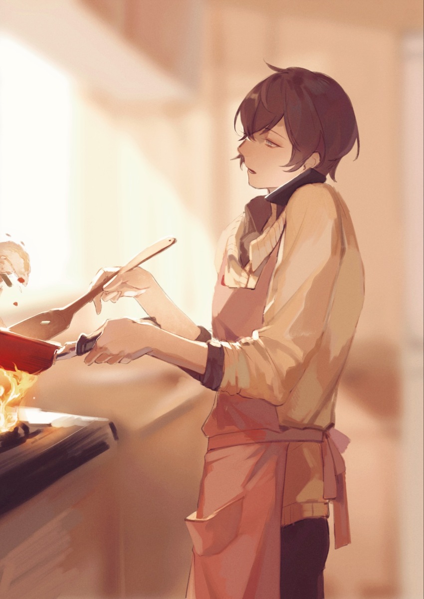 1boy apron black_pants blue_eyes blurry blurry_background brown_hair chinese_commentary commentary_request cooking fire food forever_7th_capital fried_rice from_side frying_pan highres holding holding_frying_pan holding_spatula indoors isaac_(forever_7th_capital) kitchen long_sleeves male_focus meru02295238 open_mouth pants pink_apron profile short_hair solo spatula standing sweater talking_on_phone yellow_sweater