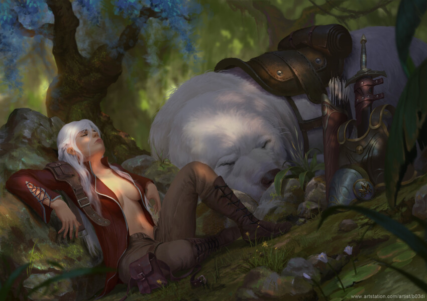 1girl armor arrow_(projectile) artstation_username b03di belt_pouch blue_leaf boots braid breastplate breasts cleavage closed_eyes commentary cross-laced_footwear dog english_commentary flower forest highres hilt jacket lily_pad long_hair medium_breasts naked_jacket nature open_clothes open_fly open_jacket original pants pauldrons pond pouch quiver red_jacket saddle shoulder_armor signature single_pauldron sitting sword tree water_lily_flower weapon white_hair