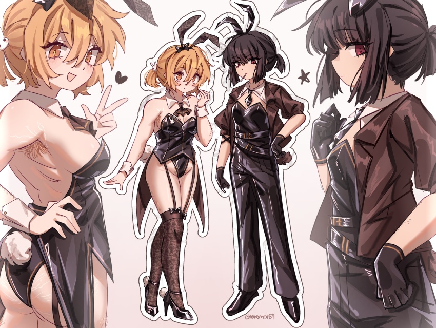 2girls absurdres animal_ear_hairband animal_ears armpit_hair artist_name ass black_bow black_gloves black_hair black_leotard black_pants black_shoes blunt_bangs bow brown_eyes brown_hair brown_thighhighs cheromo159 closed_mouth don_quixote_(project_moon) fake_animal_ears garter_straps gloves hair_between_eyes hairband heart high_heels highres leotard limbus_company looking_at_viewer multiple_girls open_mouth outline pants project_moon rabbit_ears red_eyes ryoshu_(project_moon) shoes short_hair smile thighhighs v white_outline wrist_cuffs