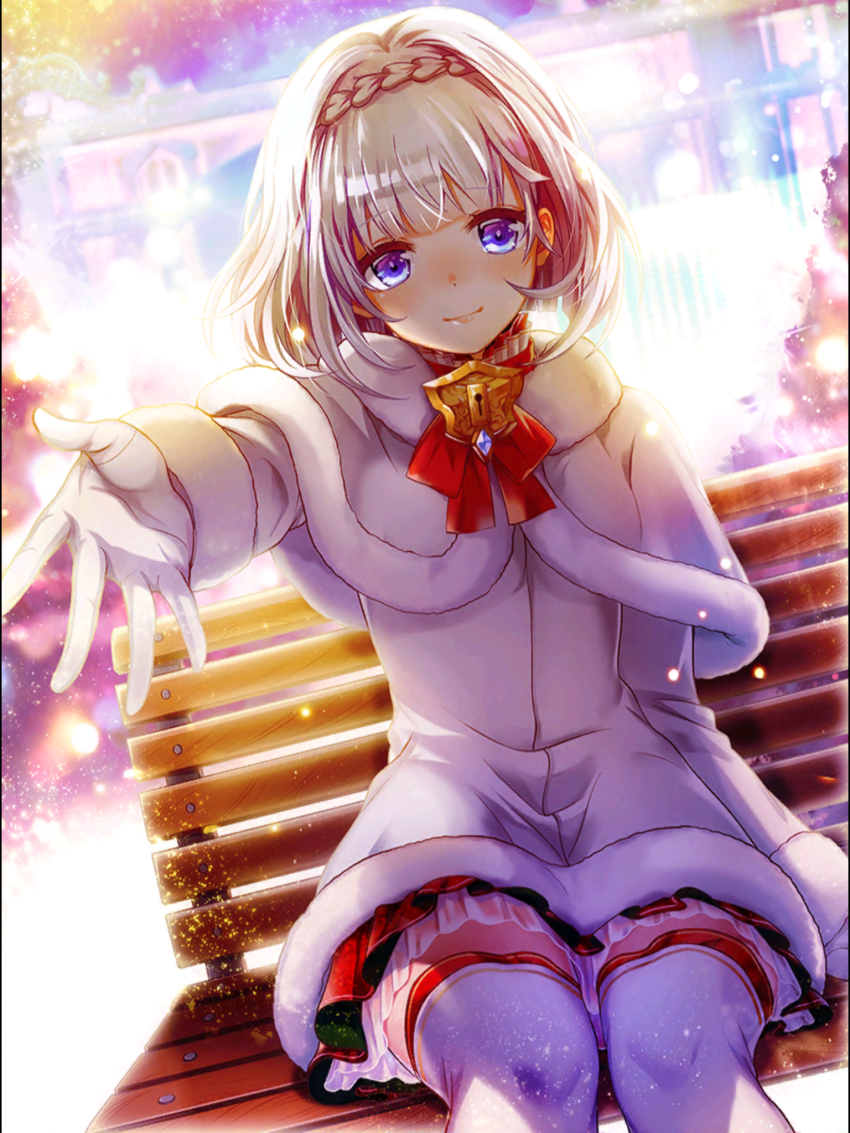 1girl backlighting baizu_(guszx) bench blue_eyes blurry blush capelet closed_mouth coat cowboy_shot dress fur-trimmed_capelet fur_trim grey_hair highres keyhole light_particles looking_at_viewer medium_hair miniskirt night on_bench outdoors pleated_skirt ribbon shironeko_project sitting skirt smile solo thighhighs thighs tina_topia tree white_capelet wooden_bench zettai_ryouiki