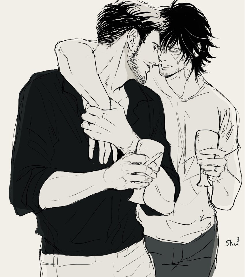2boys arm_around_shoulder cidolfus_telamon cigarette clive_rosfield closed_eyes commentary cowboy_shot crew_neck cup drinking_glass facial_hair facial_scar final_fantasy final_fantasy_xvi grey_background greyscale hand_on_another&#039;s_hand highres holding holding_cigarette holding_cup male_focus monochrome multiple_boys pants parted_bangs sakurai_shushushu scar scar_on_cheek scar_on_face shirt short_hair sideburns signature simple_background smile standing t-shirt wine_glass yaoi