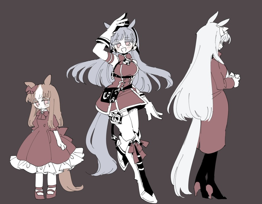 3girls aged_down aged_up alternate_hair_color alternate_hair_length alternate_hairstyle animal_ears armband blunt_bangs blunt_ends blunt_tresses boots bow bowtie brown_background brown_hair coat commentary dress ear_bow engawa_(engawagorigori) footwear_bow frilled_dress frills full_body gloves gold_ship_(umamusume) grey_hair headgear highres holding horse_ears horse_girl horse_tail knee_boots long_sleeves looking_at_viewer multicolored_hair multiple_girls multiple_persona pantyhose pillbox_hat pink_eyes puffy_short_sleeves puffy_sleeves red_bow red_bowtie red_coat red_dress short_sleeves sidelocks sleeveless sleeveless_dress tail thigh_strap two-tone_hair umamusume white_hair