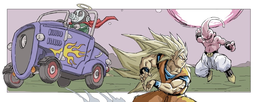 3boys black_sclera blonde_hair cape car colored_sclera colored_skin commentary_request distracted dougi dragon_ball dragonball_z driving green_jacket halo highres jacket kamehameha_(dragon_ball) kid_buu long_hair majin_buu mask motor_vehicle multiple_boys n_(n14542698) no_eyebrows outside_border pink_skin red_cape red_eyes robot son_goku steering_wheel super_saiyan super_saiyan_3 toriyama_akira_(character) toriyama_akira_(style)