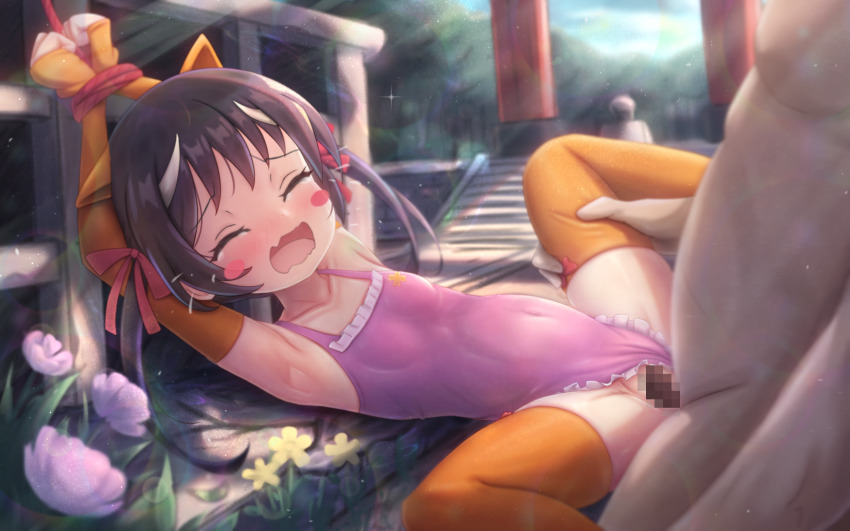 1boy 1girl absurdres arm_warmers black_hair blush_stickers bound bound_wrists casual_one-piece_swimsuit censored closed_eyes clothed_female_nude_male clothed_sex clothing_aside commentary_request covered_navel dress etotama flat_chest hetero highres large_variant_set leotard leotard_aside loli long_hair mosaic_censoring nude one-piece_swimsuit open_mouth orange_thighhighs outdoors pink_one-piece_swimsuit psd_available restrained sex sleeveless sleeveless_dress solo_focus spread_legs swimsuit swimsuit_aside textless_version thighhighs twintails uri-tan vaginal variant_set zusshii_(libertasgenesis)