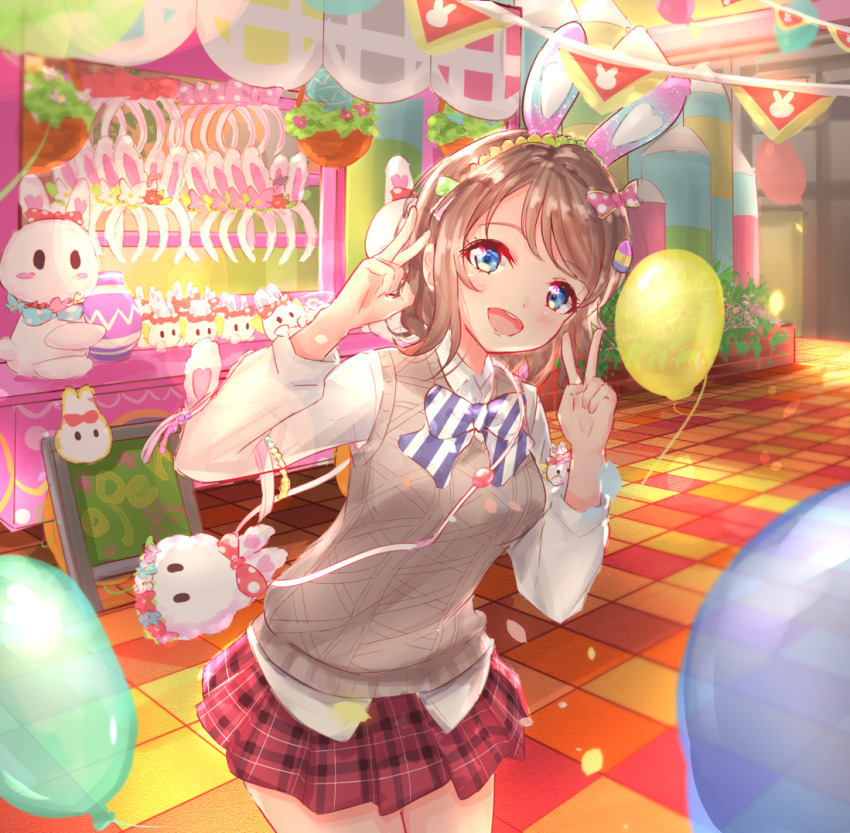 1girl 493water :d animal_ears arms_up bag balloon basket blue_eyes bow bowtie breasts brown_hair contrapposto cowboy_shot double_v easter_egg egg fake_animal_ears female_focus hair_bow hairband handbag kiosk light_particles long_sleeves looking_at_viewer love_live! love_live!_sunshine!! medium_breasts miniskirt open_mouth petals plaid_clothes plaid_skirt rabbit_ears shirt short_hair skirt smile solo striped_bow striped_bowtie striped_clothes striped_neckwear stuffed_animal stuffed_rabbit stuffed_toy sweater_vest swept_bangs tile_floor tiles untucked_shirt v watanabe_you white_shirt