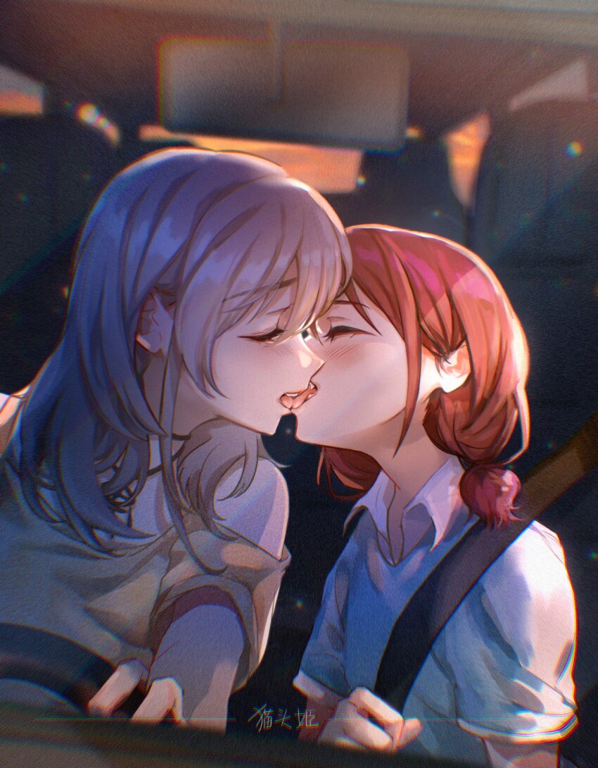 2girls blush brown_hair brown_shirt catowjeemson chromatic_aberration closed_eyes commentary dress_shirt english_commentary film_grain french_kiss girls_band_cry grey_hair highres iseri_nina kawaragi_momoka kiss long_hair low_twintails milestone_celebration multiple_girls off_shoulder rear-view_mirror seatbelt shirt short_hair short_sleeves short_twintails sidelocks tongue tongue_out twintails vehicle_interior white_shirt yuri