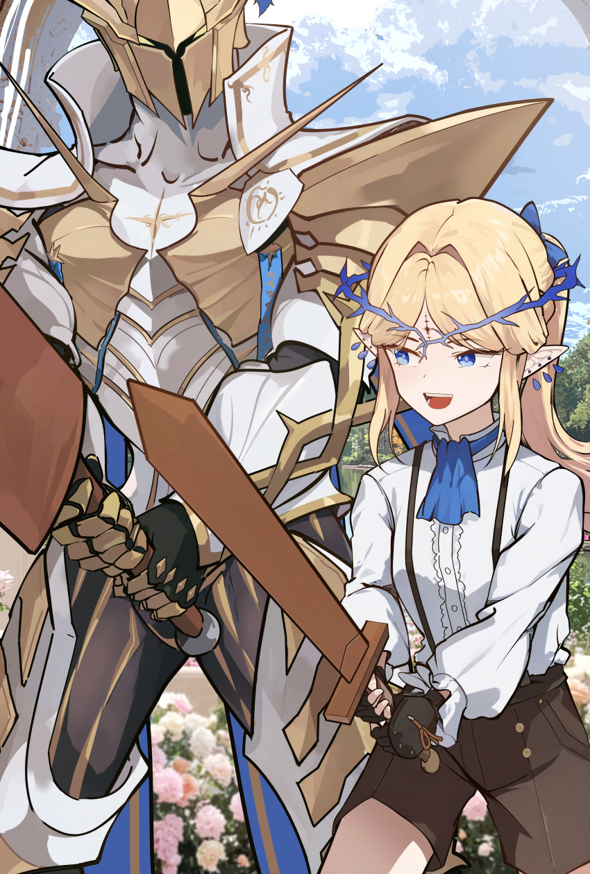 1girl 1other absurdres alternate_costume armor ascot black_gloves blue_ascot blue_eyes blue_sky breasts brown_shorts cartethyia_(wuthering_waves) center_frills commentary crown_of_thorns day earrings english_commentary fingerless_gloves frills gloves highres holding holding_sword holding_weapon jewelry long_sleeves open_mouth outdoors pointy_ears ryeon_(naturesan) shirt shorts sky small_breasts smile sword tacet_discord_(wuthering_waves) tacet_mark_(wuthering_waves) weapon white_shirt wooden_sword wuthering_waves