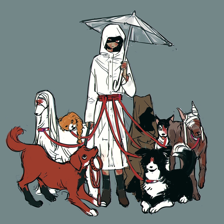 1girl absurdres afghan_hound animal animalization bandaged_head bandages blood blood_on_face bloody_bandages border_collie brown_cloak cloak dobermann dog full_body grey_background heroine_(homicipher) highres holding holding_umbrella homicipher husky labrador_retriever leash looking_at_viewer mr._chopped mr._crawling mr._gap mr._hood mr._machete mr._scarletella mr._silvair pet_walking raincoat red_eyes severed_head shaded_face simple_background solo spaniel_(dog) standing transparent transparent_umbrella umbrella white_raincoat xigu3340