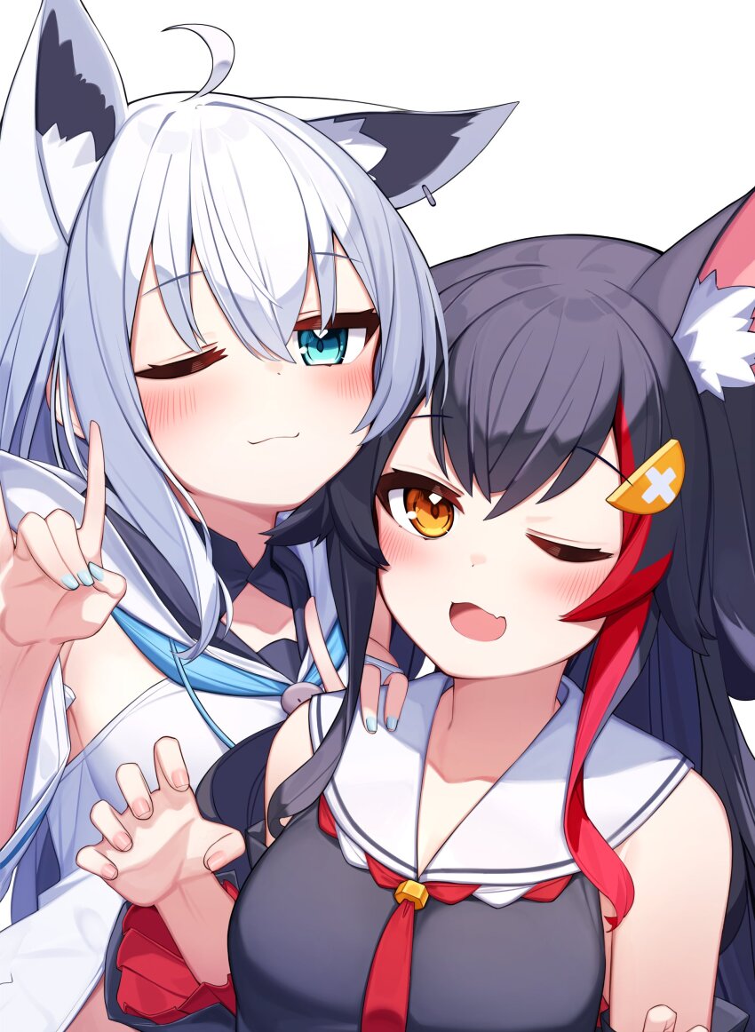 2girls ;3 absurdres ahoge animal_ear_fluff animal_ear_piercing animal_ears aqua_eyes aqua_nails black_hair claw_pose commentary_request deaver fox_ears fox_girl fox_shadow_puppet hair_ornament highres hololive long_hair looking_at_viewer multicolored_hair multiple_girls one_eye_closed ookami_mio ookami_mio_(1st_costume) red_hair school_uniform shirakami_fubuki shirakami_fubuki_(1st_costume) streaked_hair variant_set virtual_youtuber white_hair wolf_ears wolf_girl yellow_eyes