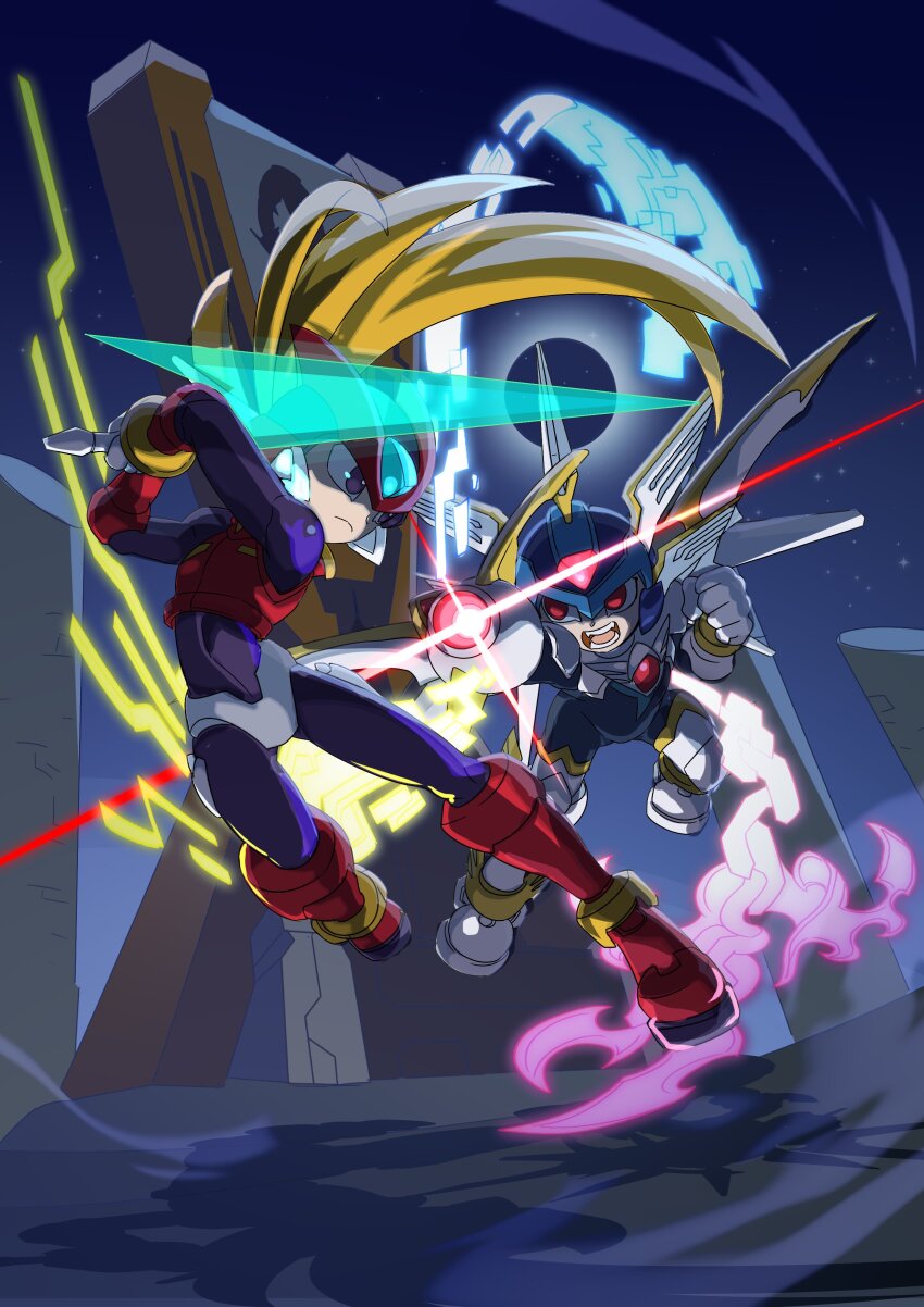 2boys absurdres arm_cannon armor battle black_eyes blonde_hair blue_helmet chest_jewel copy_x_(mega_man) energy_sword forehead_jewel helmet highres holding holding_sword holding_weapon long_hair male_focus mechanical_wings mega_man_(series) mega_man_zero_(series) mega_man_zero_3 midair multiple_boys red_armor red_eyes red_helmet sufferay sword weapon white_armor wings z_saber zero(z)_(mega_man) zero_(mega_man)