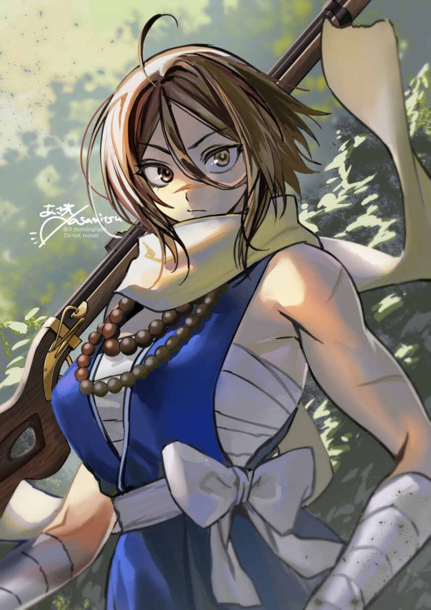 1girl ahoge asamitsu_(n_morninglight) bandaged_arm bandages bare_shoulders bead_necklace beads blue_shirt breasts brown_eyes brown_hair fate/grand_order fate_(series) gun hair_between_eyes highres jewelry large_breasts looking_at_viewer musket necklace parted_bangs prayer_beads sarashi sash scar scar_on_face scar_on_nose scarf shirt short_hair sleeveless solo sugitani_zenjubou_(fate) sugitani_zenjubou_(first_ascension)_(fate) weapon yellow_scarf