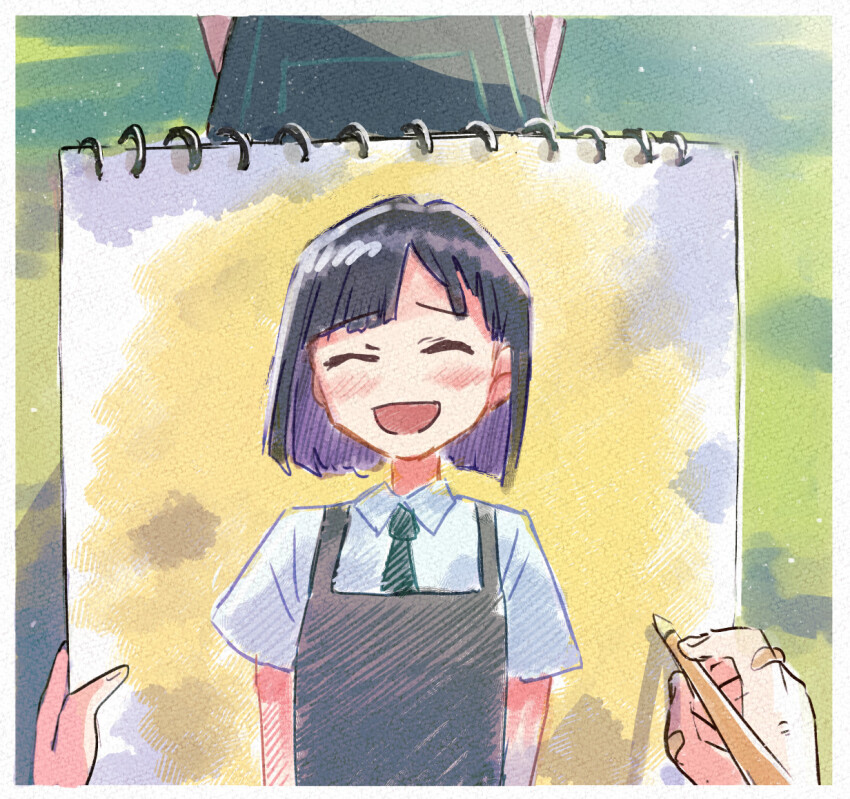 2girls :d ^_^ apron arms_at_sides asymmetrical_bangs bandaid bandaid_on_hand black_apron black_hair black_necktie blunt_bangs blunt_ends blush bob_cut border closed_eyes closed_mouth cloud collared_shirt colored_pencil do_it_yourself!! drawing_(action) drawing_(object) dress_shirt facing_viewer grass hatching_(texture) head_out_of_frame holding holding_pencil holding_sketchbook multicolored_hair multiple_girls necktie open_mouth pencil pov pov_hands purple_hair raised_eyebrows shirt short_hair sketchbook sky smile solo_focus suride_miku tsubobot two-tone_hair white_border white_shirt yellow_sky yua_serufu
