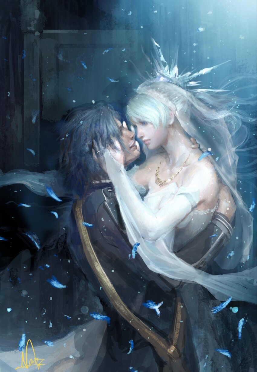 1boy 1girl black_hair blonde_hair bridal_gauntlets detached_sleeves dress final_fantasy final_fantasy_xv formal_clothes highres husband_and_wife imminent_kiss jewelry lunafreya_nox_fleuret naora_yusuke necklace noctis_lucis_caelum official_alternate_costume official_art smile wedding_dress