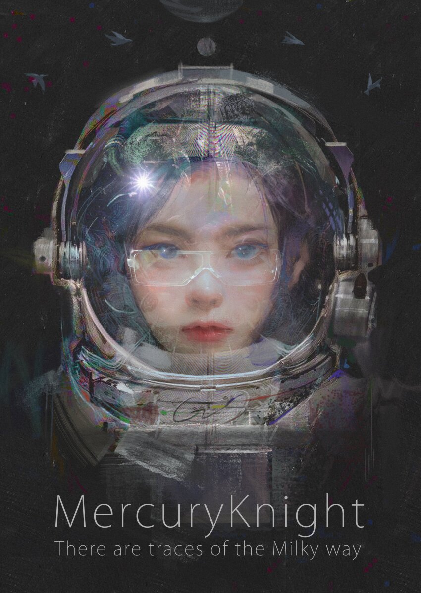 1girl absurdres astronaut black_background blue_eyes chinese_commentary commentary_request dark_foreground english_text expressionless goggles gs_(raygao211) helmet highres lipstick looking_at_viewer makeup original parted_lips purple_hair realistic red_lips short_hair signature solo space_helmet straight-on thick_eyebrows upper_body