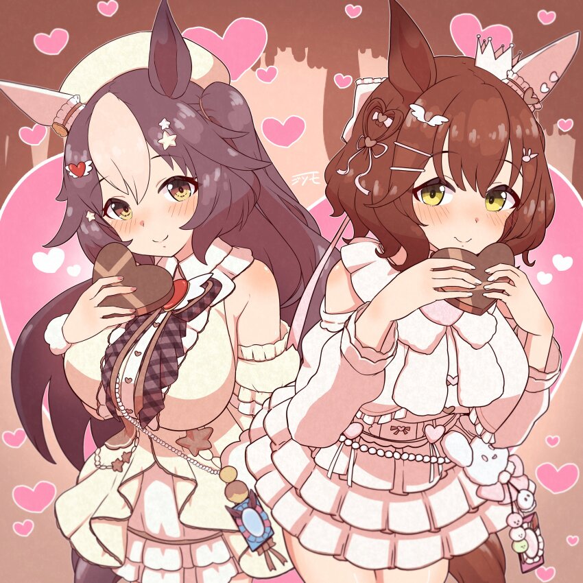 2girls absurdres animal_ears aston_machan_(everlasting_candy)_(umamusume) aston_machan_(umamusume) bare_shoulders black_thighhighs blush breasts brooch brown_hair choker collarbone collared_dress commentary_request crown detached_sleeves dress ear_covers frilled_dress frills green_eyes hair_between_eyes hair_intakes hair_ornament hair_ribbon heart heart_brooch heart_choker heart_hair_ornament heart_ornament highres holding horse_ears horse_girl horse_tail jewelry jsm_100 large_breasts long_hair long_sleeves looking_at_viewer looking_to_the_side medium_hair multiple_girls nail_polish official_alternate_costume official_alternate_hairstyle pink_nails pleated_skirt puffy_detached_sleeves puffy_sleeves ribbon short_dress short_hair sideboob simple_background single_ear_cover skindentation skirt sleeveless sleeveless_dress smile split_mouth standing star_(symbol) star_hair_ornament straight_hair sweat tail tareme thighhighs thighs umamusume valentine white_background white_nails white_thighhighs yamanin_zephyr_(sugary_wind)_(umamusume) yamanin_zephyr_(umamusume) yellow_eyes