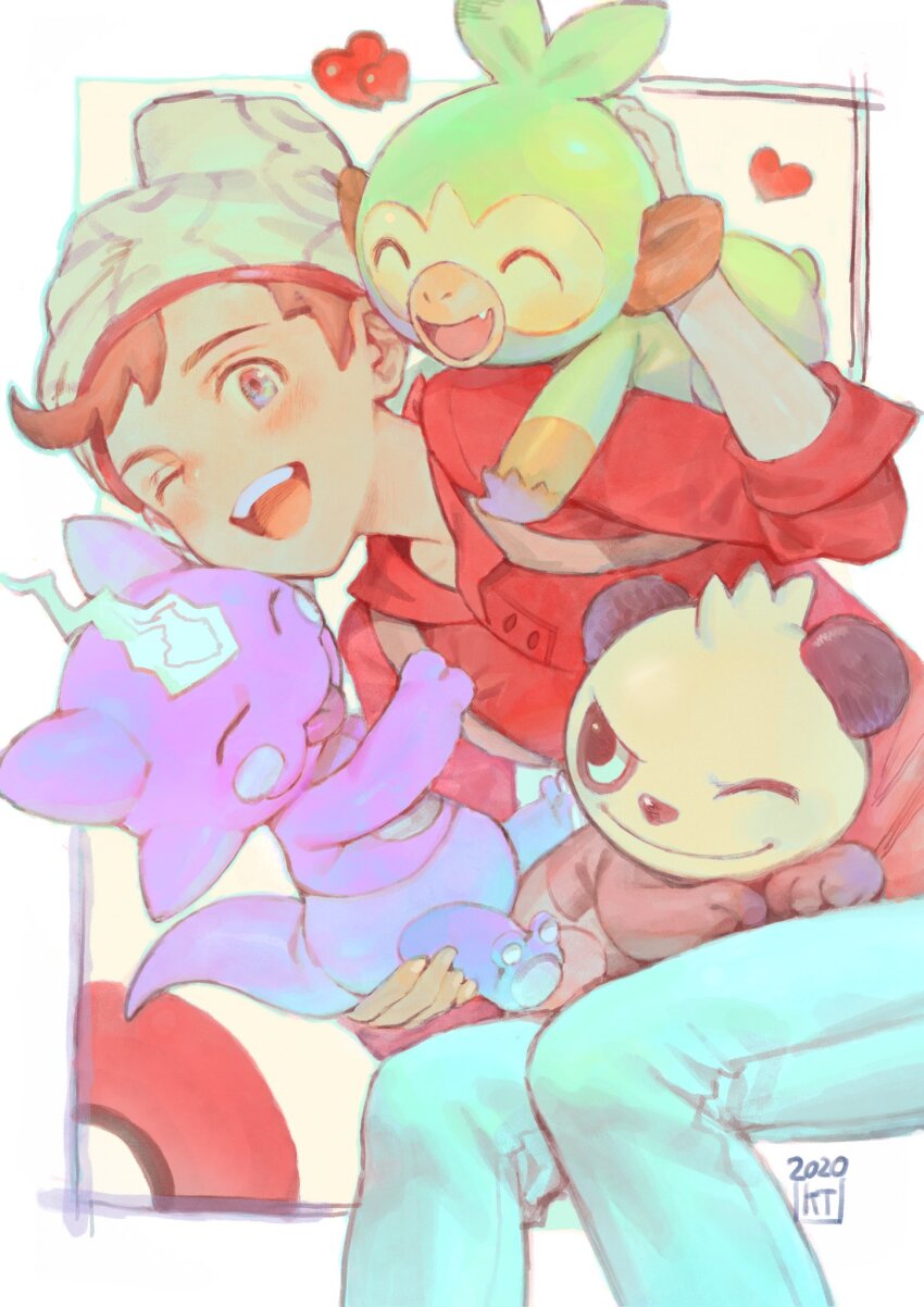 1boy ^_^ beanie blue_eyes blue_pants blush brown_hair closed_eyes collared_shirt colored_skin commentary_request dated fang feet_out_of_frame gen_6_pokemon gen_8_pokemon green_skin grookey hat heart highres kanataria male_focus nintendo on_lap one_eye_closed open_mouth pancham pants pokemon pokemon_(creature) pokemon_on_lap pokemon_swsh purple_skin red_shirt shirt short_hair signature sitting sleeve_cuffs smile solo teeth tongue toxel triangle_mouth upper_teeth_only victor_(pokemon) white_hat wing_collar
