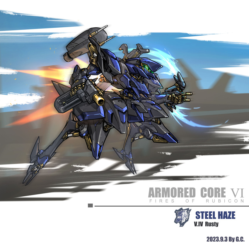 absurdres armored_core armored_core_vi:_fires_of_rubicon chibi energy_sword flying gun highres laser mecha mecha_focus no_humans robot sword v.iv_rusty weapon weapons