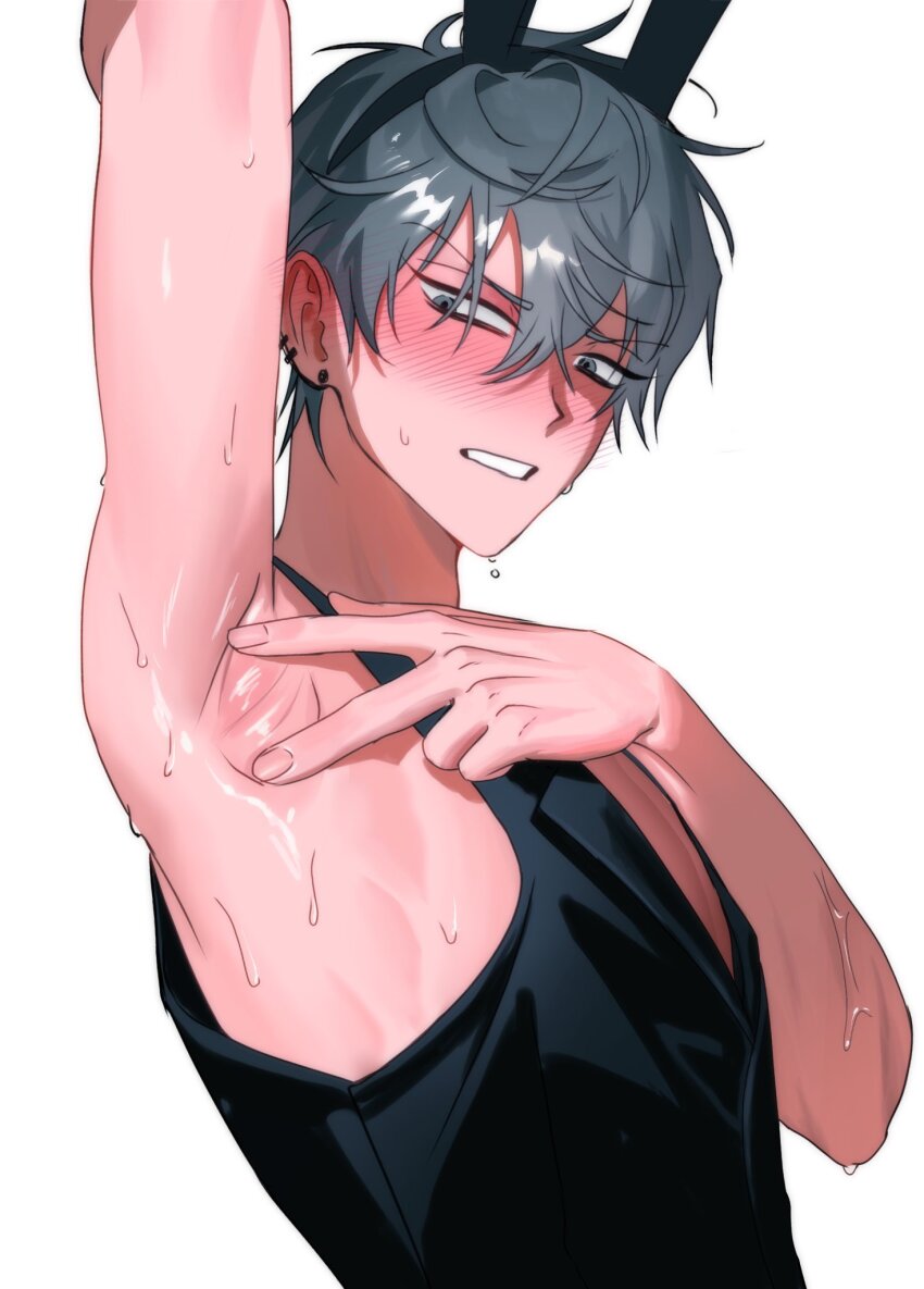 1boy alien_stage animal_ears arm_up armpits black_tank_top blue_hair blush caramel_fucks closed_mouth commentary ear_piercing earrings embarrassed english_commentary fake_animal_ears hair_between_eyes highres jewelry male_focus piercing shiny_skin solo spread_armpit sweat tank_top teeth till_(alien_stage) upper_body