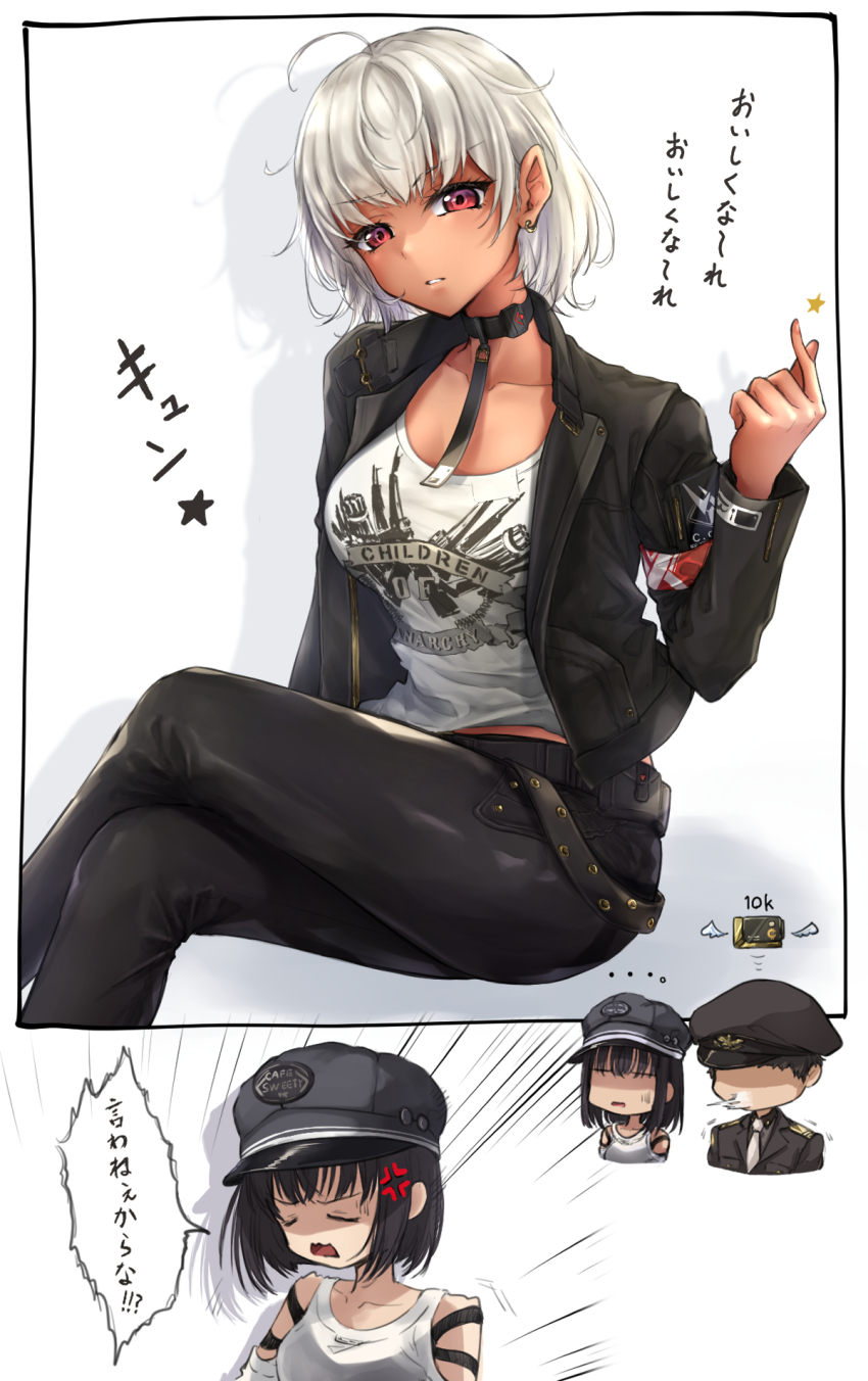 1boy 2girls ahoge armband band_shirt belt black_footwear black_jacket black_pants bob_cut chibi choker collarbone commander_(nikke) dark-skinned_female dark_skin goddess_of_victory:_nikke highres holster jacket leather leather_jacket leather_pants merchandise milk_(nikke) mini_dang01 multiple_girls pants partially_translated red_armband red_eyes shirt short_hair solo_focus squatting sugar_(nikke) t-shirt translation_request weapon white_hair white_shirt