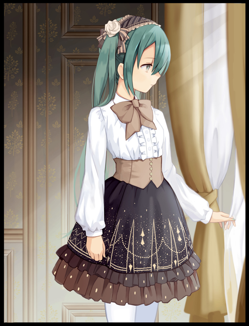 1girl aqua_eyes aqua_hair black_border border brown_ribbon corset cowboy_shot curtains dress female_focus floral_print flower frilled_dress frilled_hairband frilled_skirt frills hair_flower hair_ornament hair_ribbon hairband hatsune_miku highres indoors kari_kenji long_hair looking_to_the_side nail_polish neck_ribbon print_skirt ribbon skirt solo sunlight twintails vocaloid white_legwear
