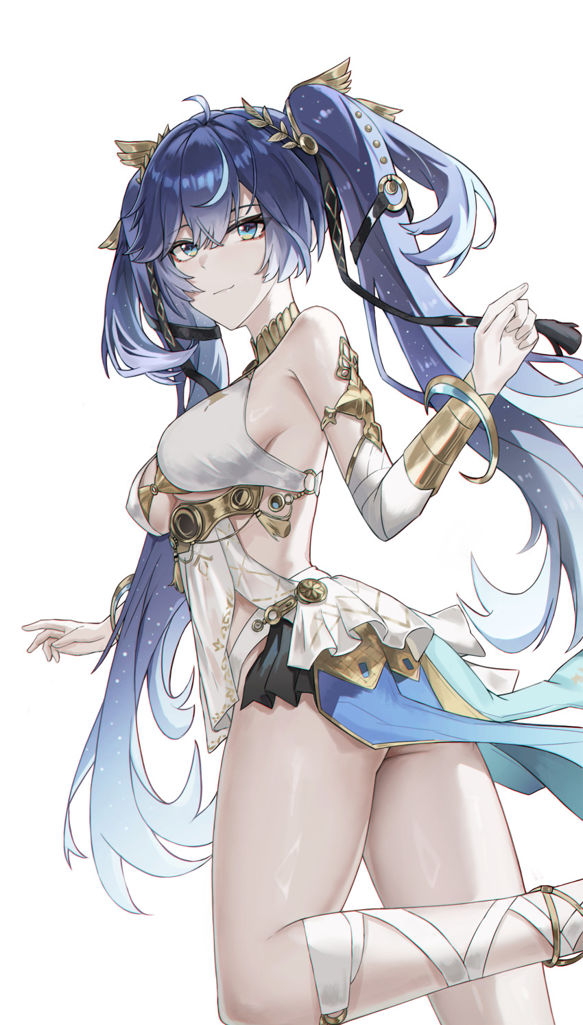 1girl a-chuang absurdres ancient_greek_clothes armpit_crease bare_shoulders black_skirt blue_eyes blue_hair breasts closed_mouth commentary from_behind gold_bra greco-roman_clothes hand_up head_wreath highres iuno_(wuthering_waves) light_smile long_hair looking_at_viewer medium_breasts miniskirt simple_background skirt smile solo thighs twintails twisted_torso underboob very_long_hair white_background wuthering_waves