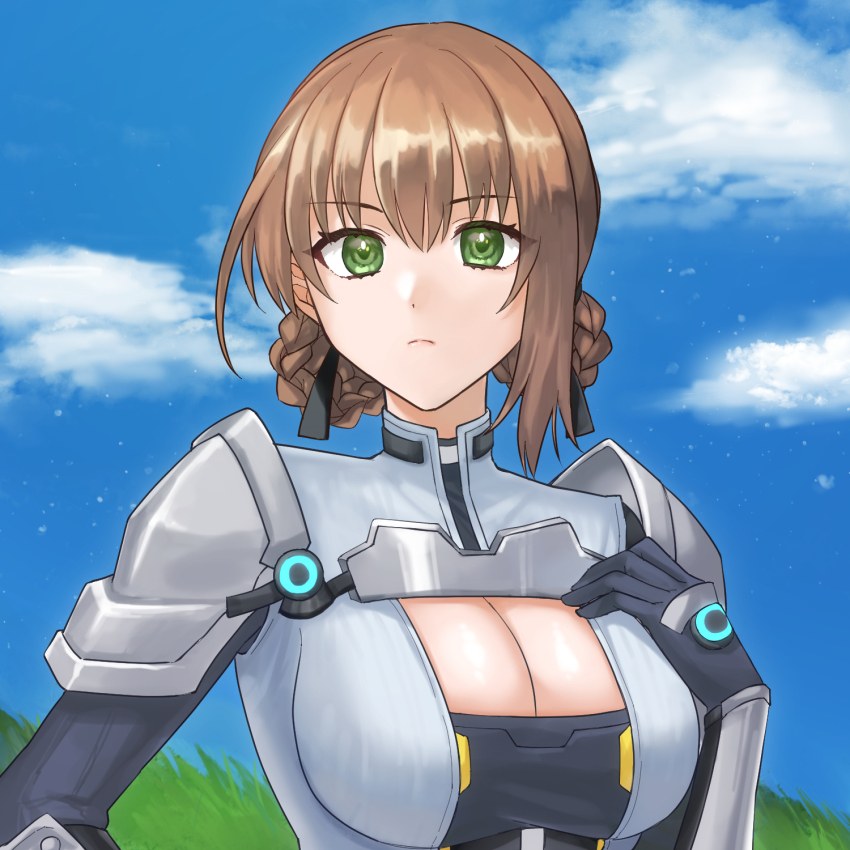 1girl blue_sky braid braided_bun breasts cleavage closed_mouth cloud commentary_request cosplay double_bun duvalie eiyuu_densetsu ethel_(xenoblade) ethel_(xenoblade)_(cosplay) green_eyes hair_between_eyes hair_bun hazuki_(nyorosuke) highres large_breasts looking_at_viewer outdoors sen_no_kiseki sen_no_kiseki_(series) sen_no_kiseki_ii sky solo upper_body xenoblade_chronicles_(series) xenoblade_chronicles_3