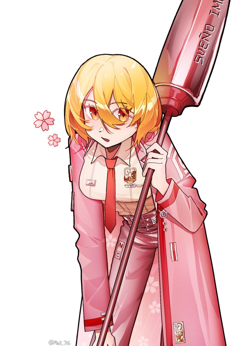 1girl alternate_costume blonde_hair cherry_blossoms cowboy_shot don_quixote_(project_moon) formal_clothes highres holding lance leaning_forward limbus_company looking_at_viewer mell_716 necktie open_mouth pink_suit polearm project_moon red_necktie shirt short_hair simple_background solo suit weapon white_background white_shirt yellow_eyes