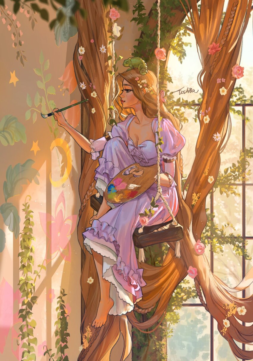 1girl blonde_hair dress european_clothes flower hair_flower hair_ornament highres holding holding_paintbrush indoors long_hair paintbrush pink_dress rapunzel_(disney) rapunzel_(fairy_tale) signature sitting swing_set toshiasan very_long_hair watermark