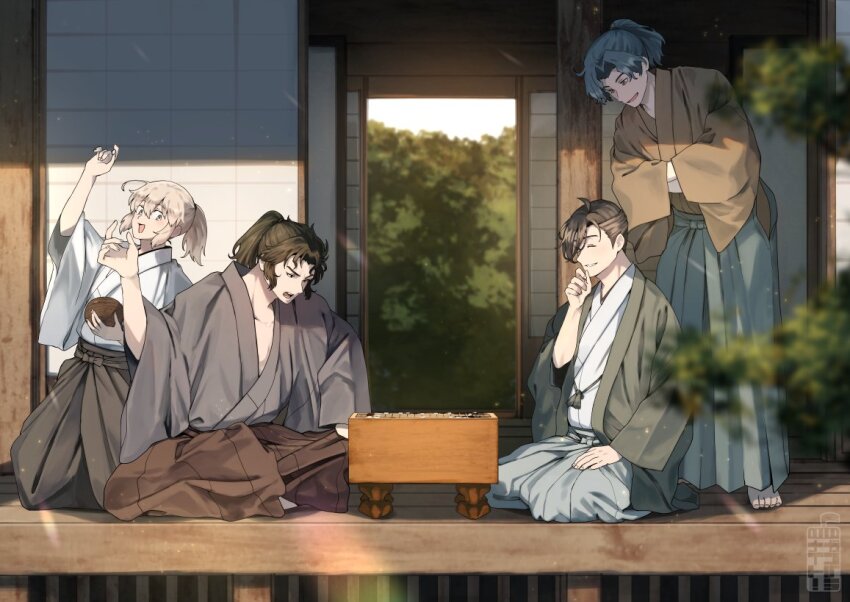 1girl 3boys ahoge architecture black_hair blue_hair blue_hakama blurry board_game brown_hair brown_hakama brown_kimono crossed_arms depth_of_field east_asian_architecture fate/grand_order fate_(series) go_(board_game) grey_hakama hakama hand_on_own_chin hand_on_own_thigh hanten_(clothes) high_ponytail hijikata_toshizou_(fate) japanese_clothes kimono multiple_boys okita_souji_(fate) playing_games ponytail saitou_hajime_(fate) shouji sidelocks sitting sliding_doors smile standing teria_(teriarian) tree wavy_hair white_hair white_kimono wide_sleeves yamanami_keisuke_(fate) yellow_eyes