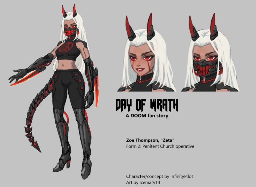 1girl armor black_pants cable clothing_cutout cyberpunk cyborg day_of_wrath_(infinitypilot) demon demon_girl demon_horns demon_tail doom_(2016) doom_(series) doom_eternal energy_blade energy_weapon eyeliner fangs fire flaming_weapon full_body futuristic_weapon glowing glowing_eyes glowing_horns glowing_mask glowing_weapon high_heels highres horns icemarv14 joints long_hair makeup mantis_blades_(cyberpunk) mask mechanical_arms midriff midriff_peek occult oni_horns oni_mask original pants prosthesis prosthetic_arm prosthetic_fingers prosthetic_hand prosthetic_leg prosthetic_weapon red_eyeliner red_eyes red_horns robot_joints science_fiction shirt sleeveless sleeveless_shirt solo solo_focus stomach_cutout tail tube weapon white_hair wrist_blades zeta_(day_of_wrath)