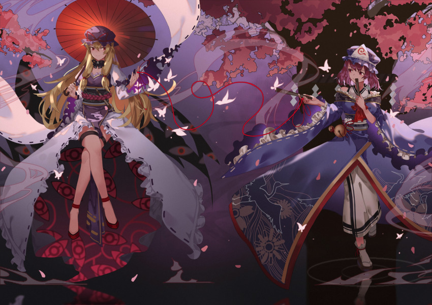 2girls bell black_collar black_footwear black_ribbon blonde_hair blue_headwear blue_kimono bug butterfly cherry_blossoms closed_mouth collar crossed_legs dress falling_petals folded_fan folding_fan frilled_sleeves frills full_body gap_(touhou) geta hand_fan hat hat_ribbon holding holding_fan holding_umbrella insect japanese_clothes jingle_bell juliet_sleeves kimono kray._(k-ray) layered_clothes long_hair long_sleeves looking_at_another medium_hair mob_cap multiple_girls neck_ribbon obi parasol petals pink_butterfly pink_eyes pink_hair puffy_sleeves purple_headwear purple_tabard red_eyes red_footwear red_ribbon ribbon ripples rope saigyou_ayakashi saigyouji_yuyuko sash shimenawa sideways_glance smile socks string string_of_fate tabard tabi touhou tree triangular_headpiece umbrella very_long_hair white_dress white_kimono white_socks wide_sleeves yakumo_yukari