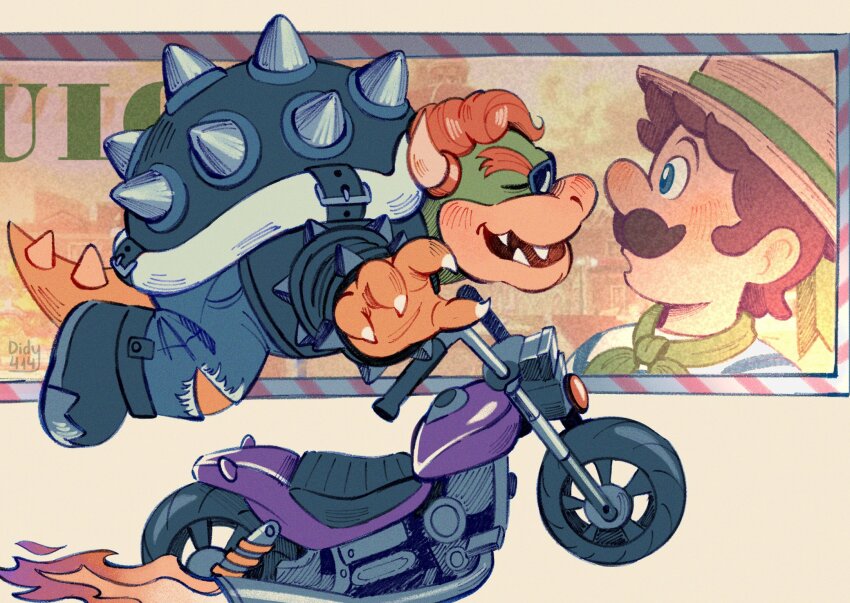 2boys armlet blush bowser bowser_(biker) bracelet brown_hair character_name claws commentary derivative_work didy414 english_commentary facing_to_the_side fangs fire green_neckerchief hat highres horns jewelry looking_at_another luigi luigi_(gondolier) mario_(series) mario_kart mario_kart_world motor_vehicle motorcycle multiple_boys neckerchief nintendo open_mouth shirt smile spiked_armlet spiked_bracelet spiked_shell spiked_tail spikes striped_clothes striped_shirt sunglasses surprised tail