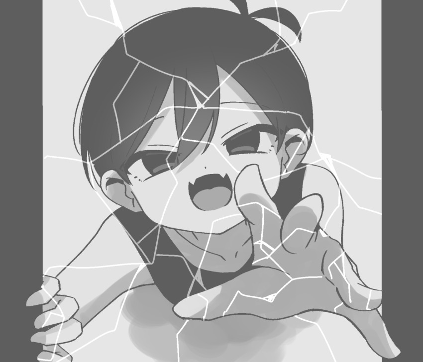 1boy antenna_hair black_eyes black_hair black_tank_top collarbone colored_skin fangs greyscale kiimorisame looking_at_viewer male_focus monochrome omori open_mouth shattered shattered_omori_(omori) short_hair skin_fangs solo tank_top tongue white_skin