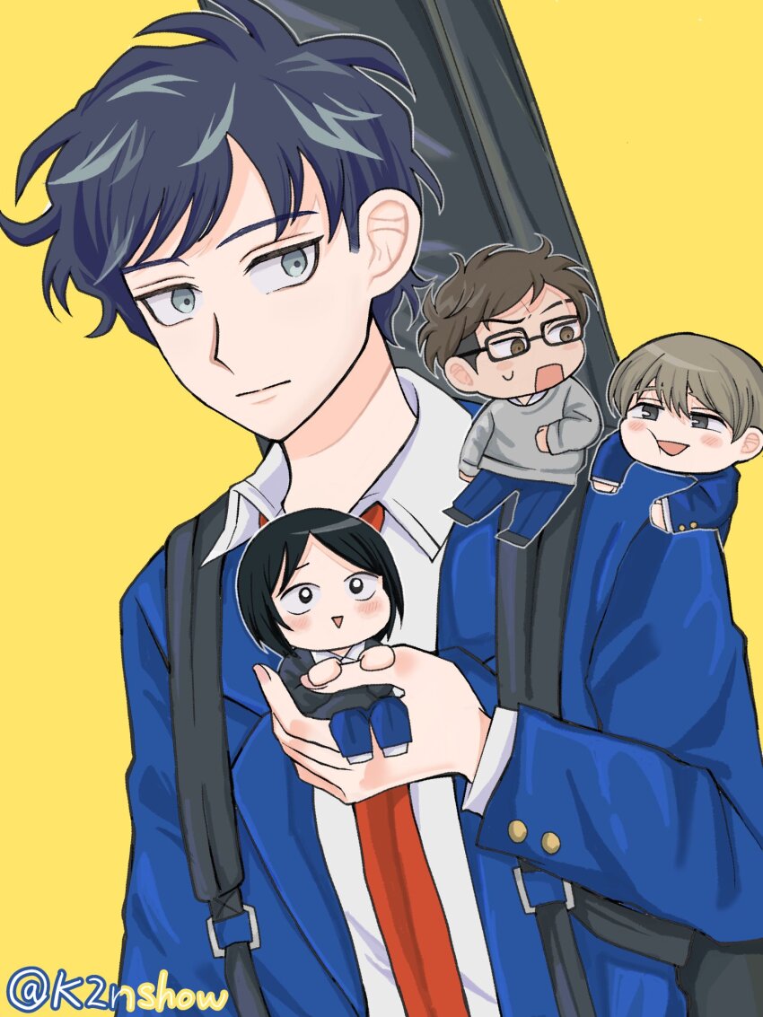 4boys :| aqua_eyes bien_(k2nshow) black_hair blazer blue_jacket blue_pants bob_cut brown_eyes brown_hair chibi closed_mouth collared_shirt commentary_request eyebrow_cut futsuu_no_keion-bu glasses grey_sweater guitar_case highres holding holding_mini_person in_palm instrument_case instrument_case_on_back jacket mini_person miniboy mizuo_haruichi multiple_boys necktie open_clothes open_jacket pants protocol._(futsuu_no_keion-bu) red_necktie sanpaku shirt short_hair simple_background sitting_on_shoulder sweater taguchi_ryuuya takami_kouki tohno_gen tsurime twitter_username upper_body white_shirt yellow_background