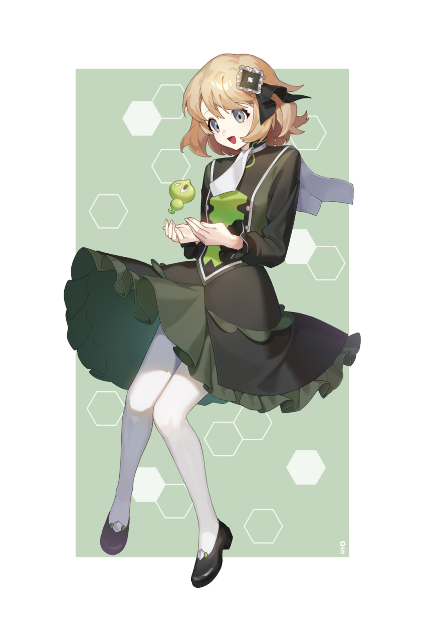 1girl :d ascot black_footwear blonde_hair border buttons commentary_request dress eyelashes game_freak gen_6_pokemon grey_eyes highres knees_together_feet_apart korean_commentary legendary_pokemon long_sleeves looking_down medium_hair mongguri nintendo official_alternate_costume open_mouth outside_border pantyhose pokemon pokemon_(creature) pokemon_masters_ex serena_(pokemon) serena_(sygna_suit)_(pokemon) shoes smile tongue white_ascot white_border white_pantyhose zygarde zygarde_cell